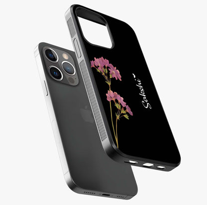 Riching Lavender Flower Custom Name Glass Case laid diagonally highlighting side profile, edges and glossy glass shine.