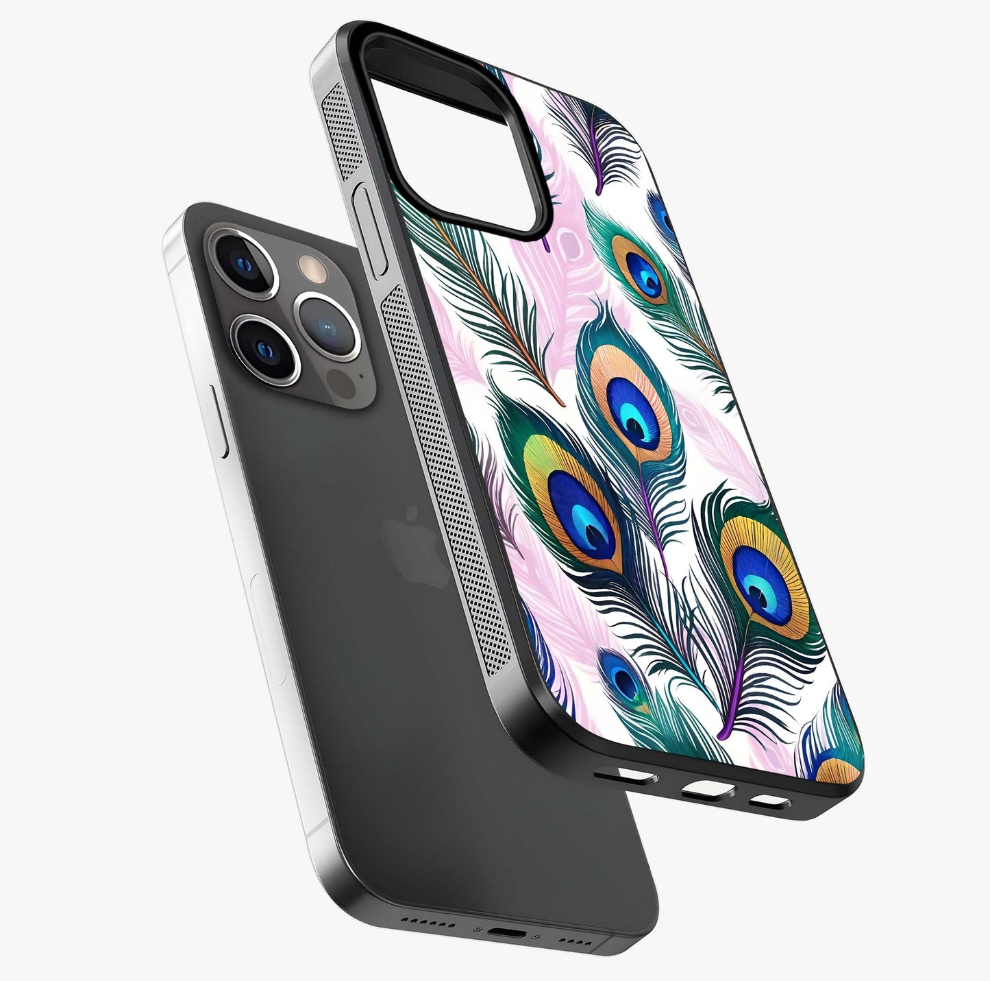 Royal Peacock Feathers Glass Case laid diagonally highlighting side profile, edges and glossy glass shine.