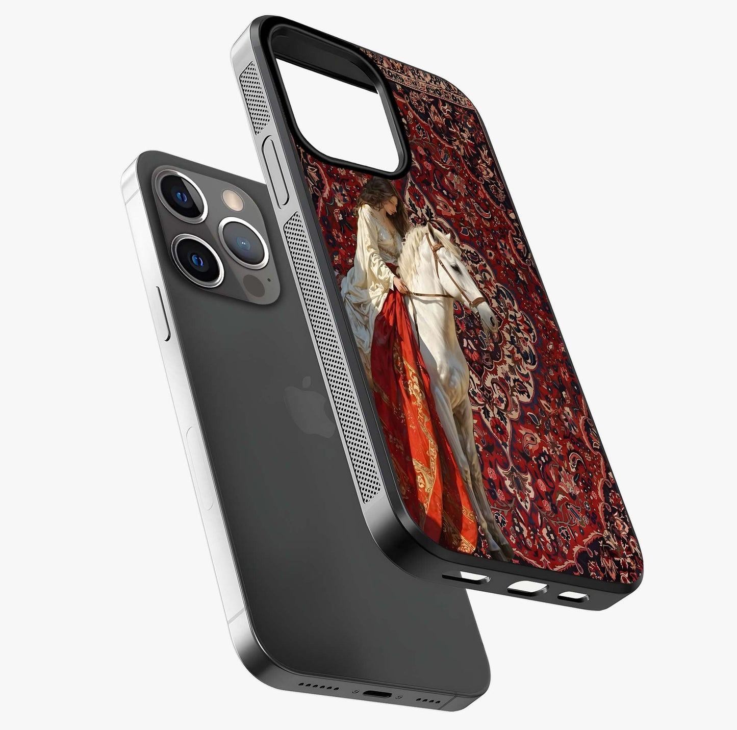 Royal Rider Tapestry Glass Case laid diagonally highlighting side profile, edges and glossy glass shine.