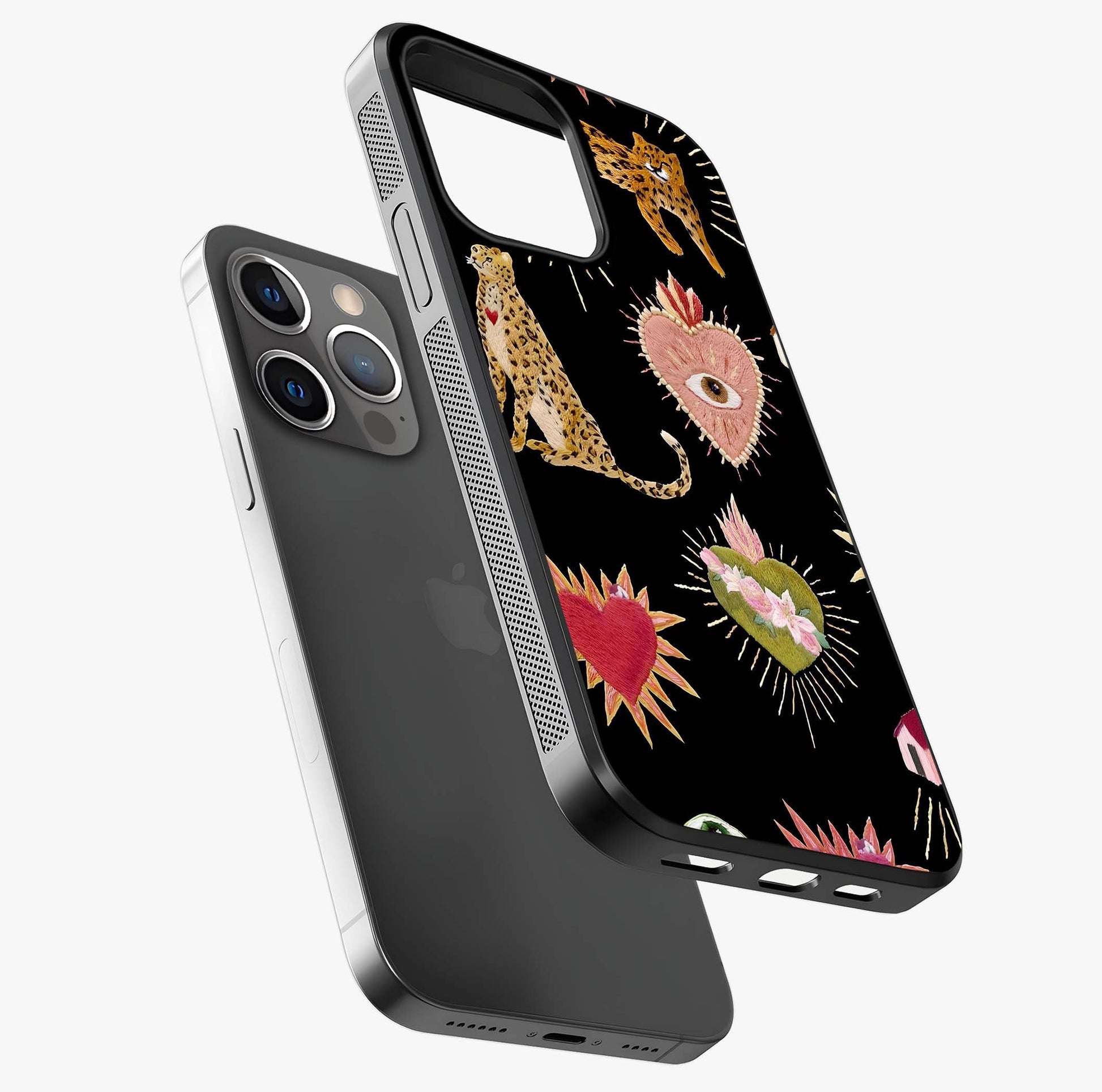 Sacred Jungle Heart Glass Case laid diagonally highlighting side profile, edges and glossy glass shine.