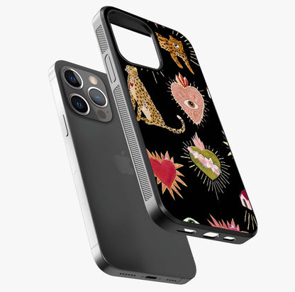 Sacred Jungle Heart Glass Case laid diagonally highlighting side profile, edges and glossy glass shine.