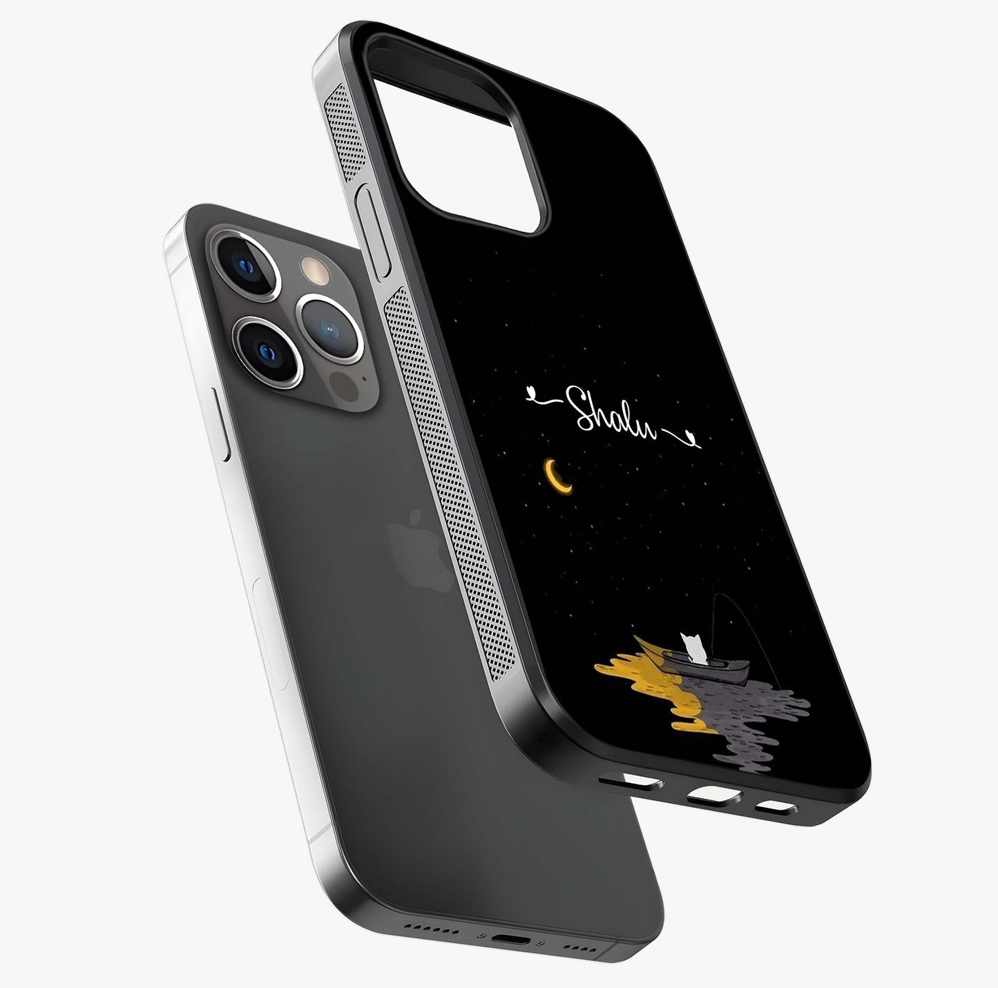 Silent Night Row Glass Case laid diagonally highlighting side profile, edges and glossy glass shine.