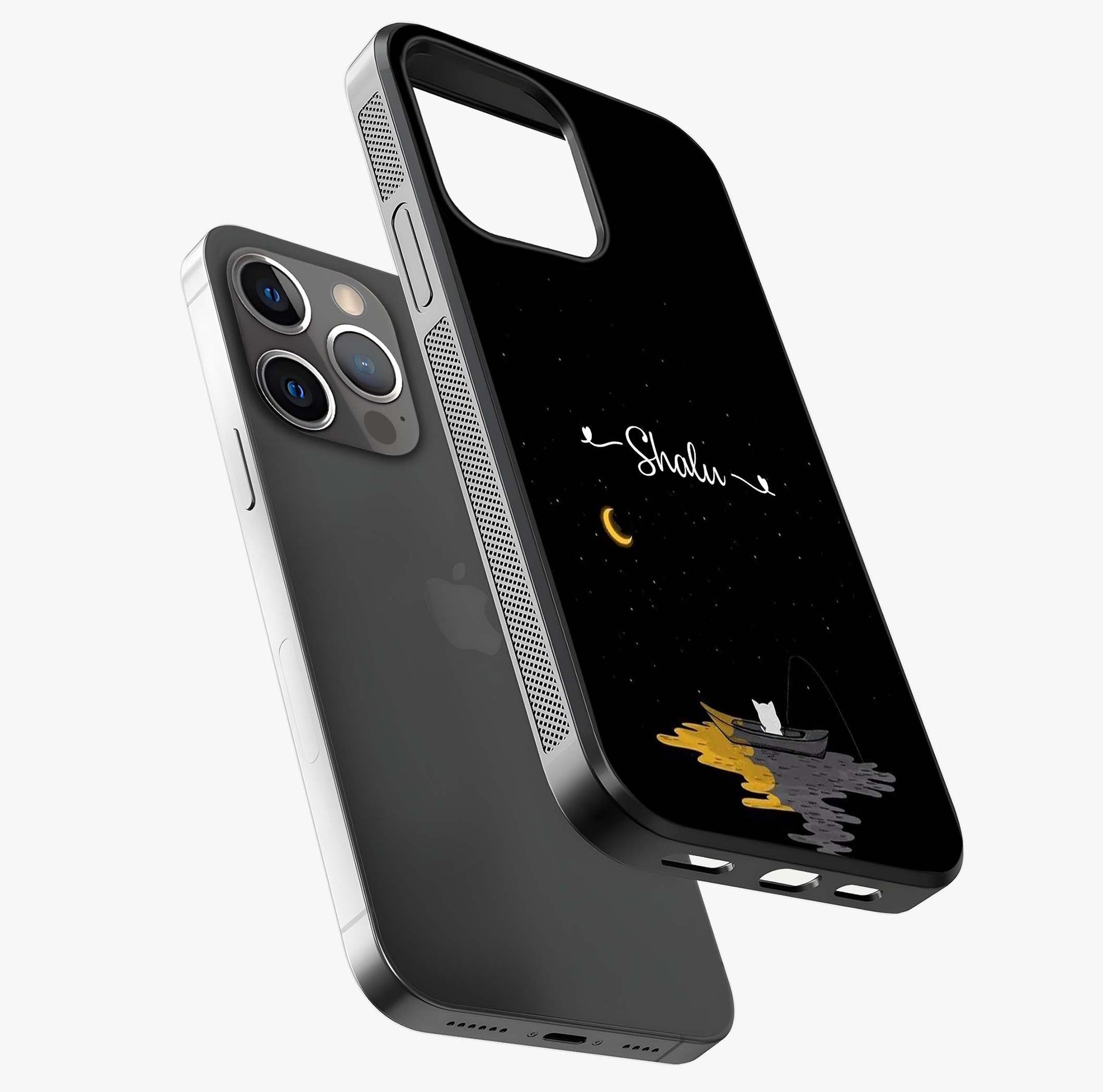 Silent Night Row Glass Case laid diagonally highlighting side profile, edges and glossy glass shine.