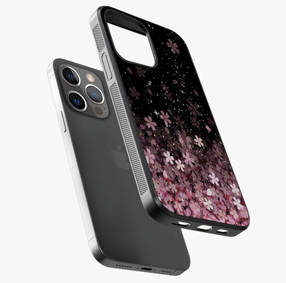 Small Starry Flowers Glass Case laid diagonally highlighting side profile, edges and glossy glass shine.