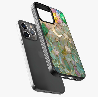 Stained Sunrise Glow Glass Case laid diagonally highlighting side profile, edges and glossy glass shine.