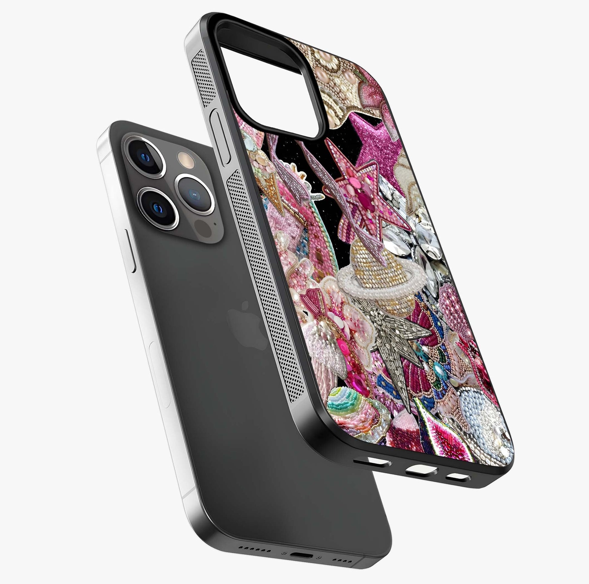 Starlit Jewel Dream Glass Case laid diagonally highlighting side profile, edges and glossy glass shine.
