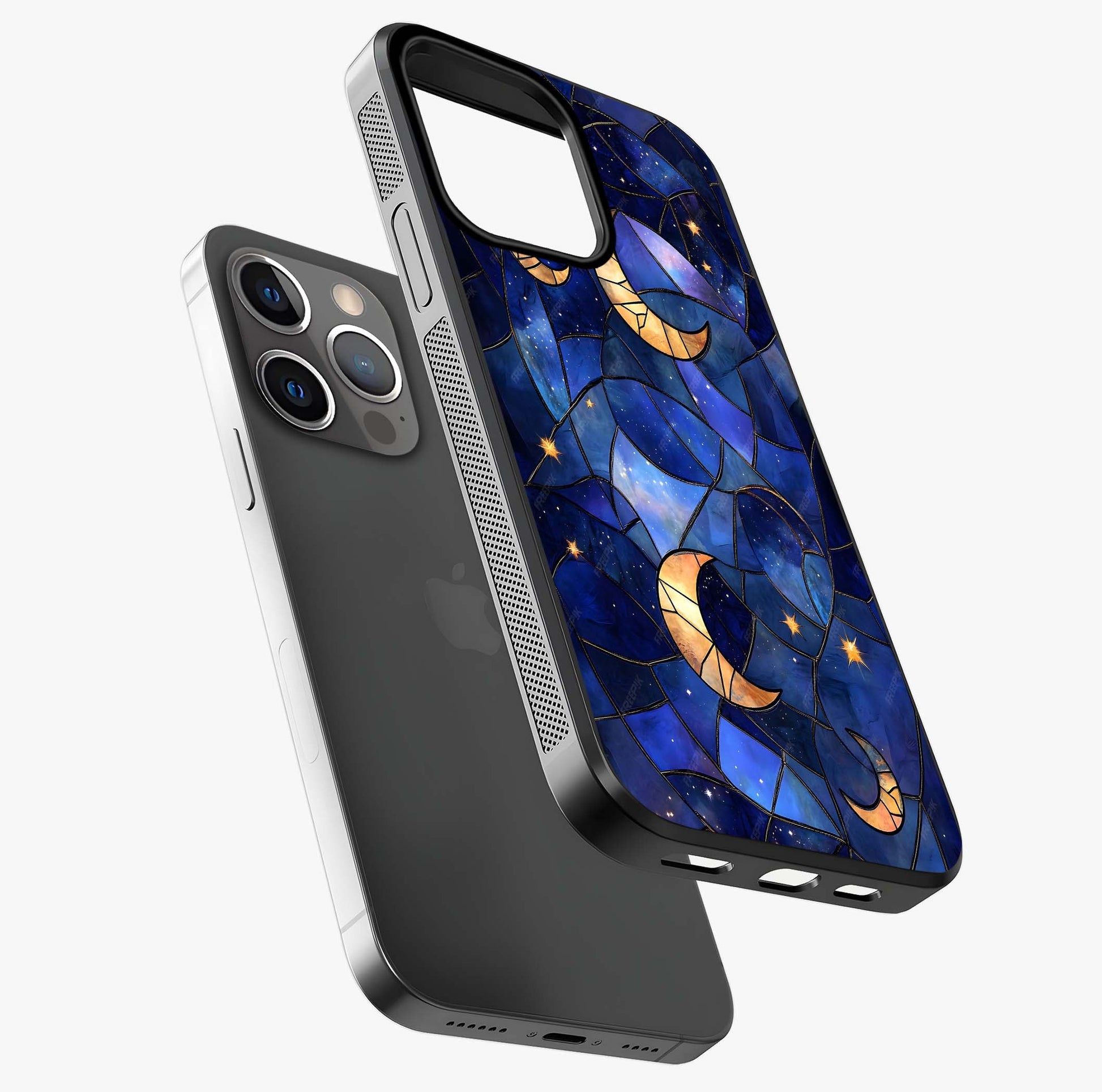Starlit Sky Tapestry Glass Case laid diagonally highlighting side profile, edges and glossy glass shine.
