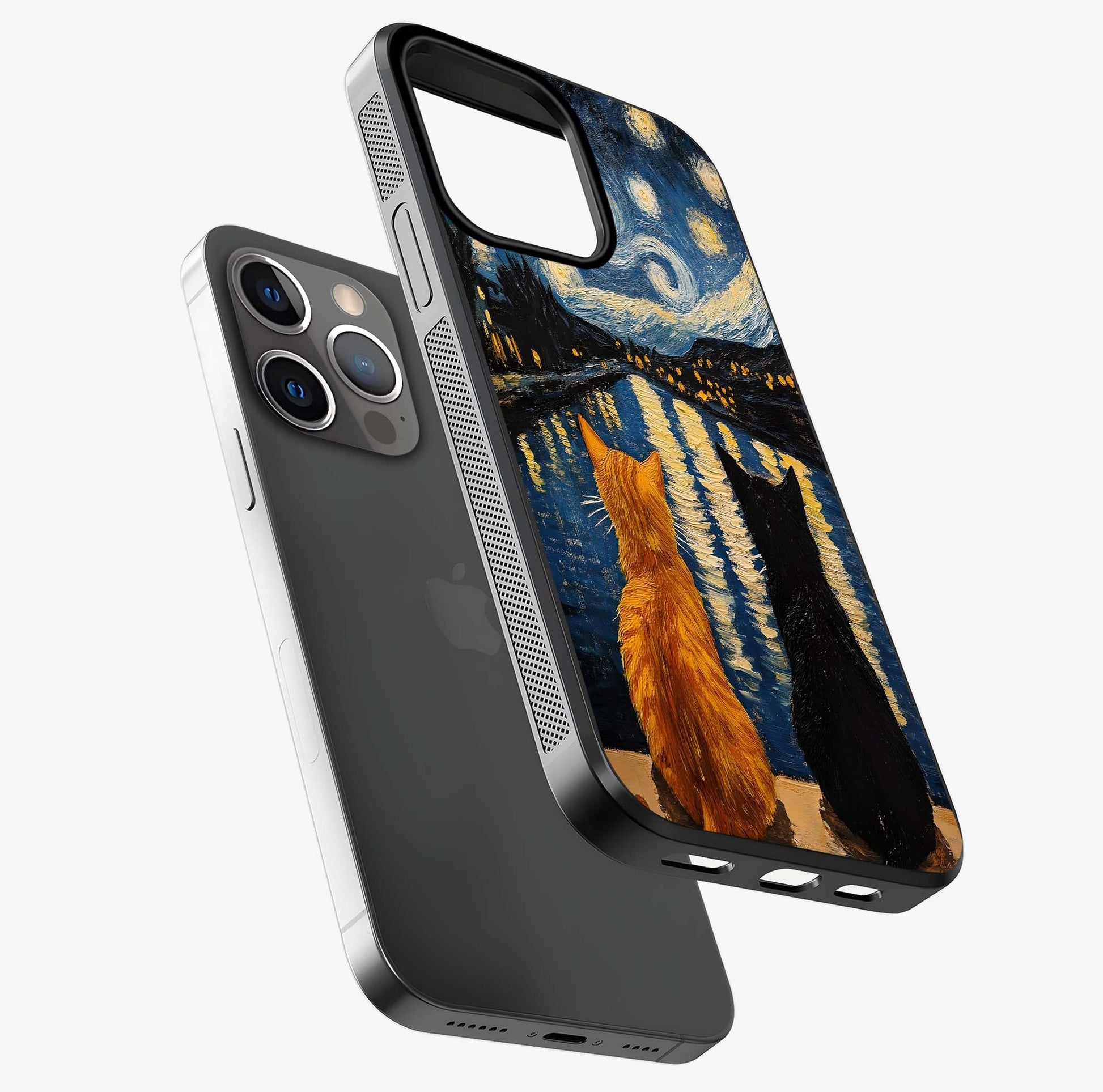 Starry River Cats Glass Case laid diagonally highlighting side profile, edges and glossy glass shine.