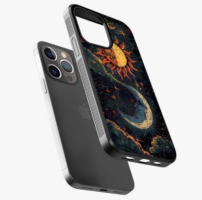 Sun And Moon Magic Design Glass Case laid diagonally highlighting side profile, edges and glossy glass shine.