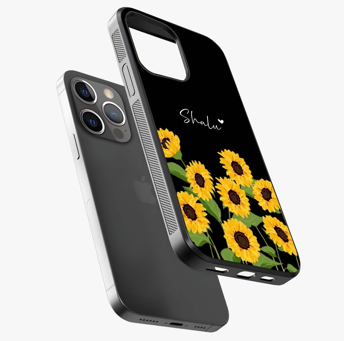Sunflower Chic Mood Custom Name Glass Case laid diagonally highlighting side profile, edges and glossy glass shine.