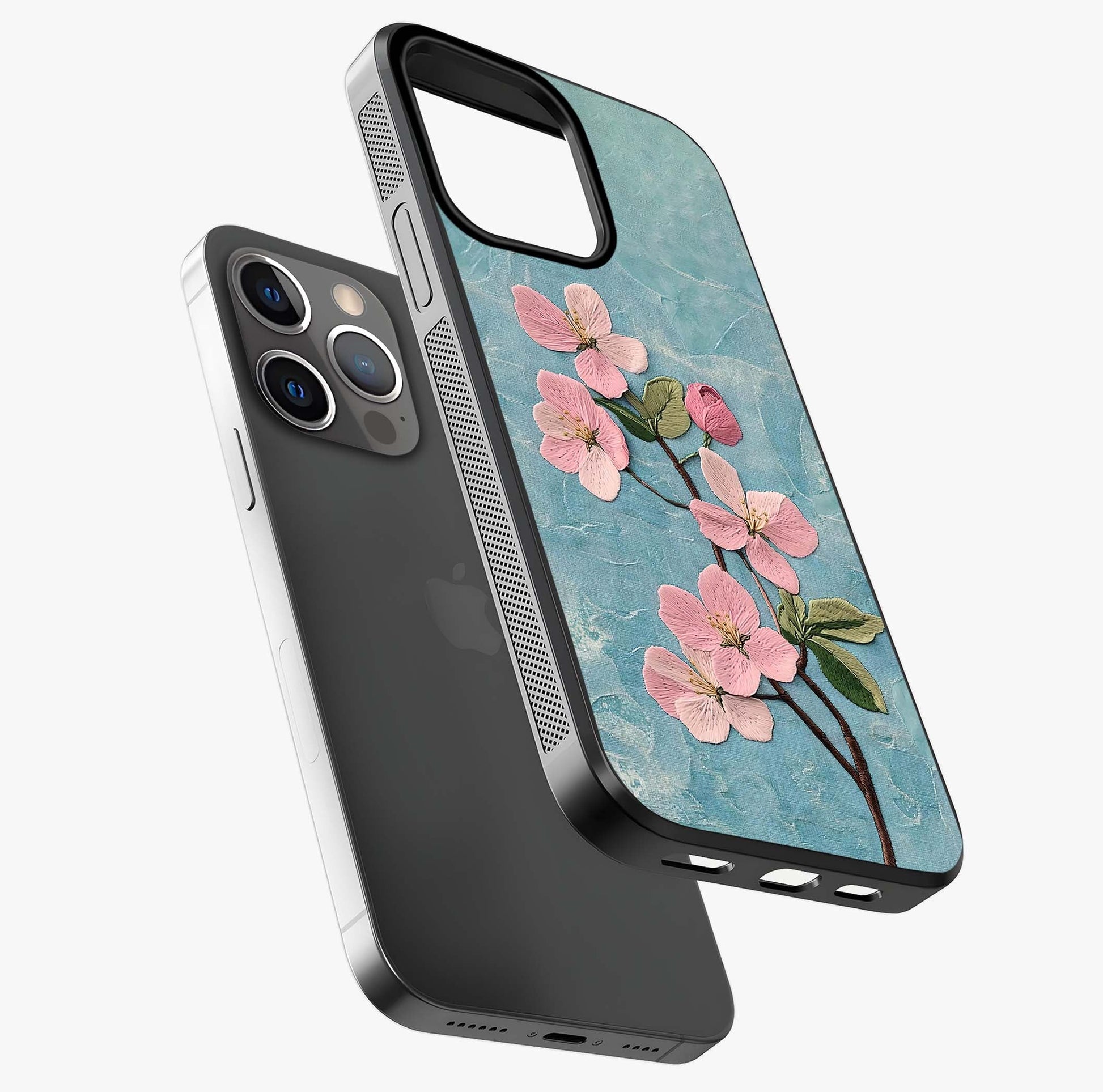 Threaded Blossom Breeze Glass Case laid diagonally highlighting side profile, edges and glossy glass shine.
