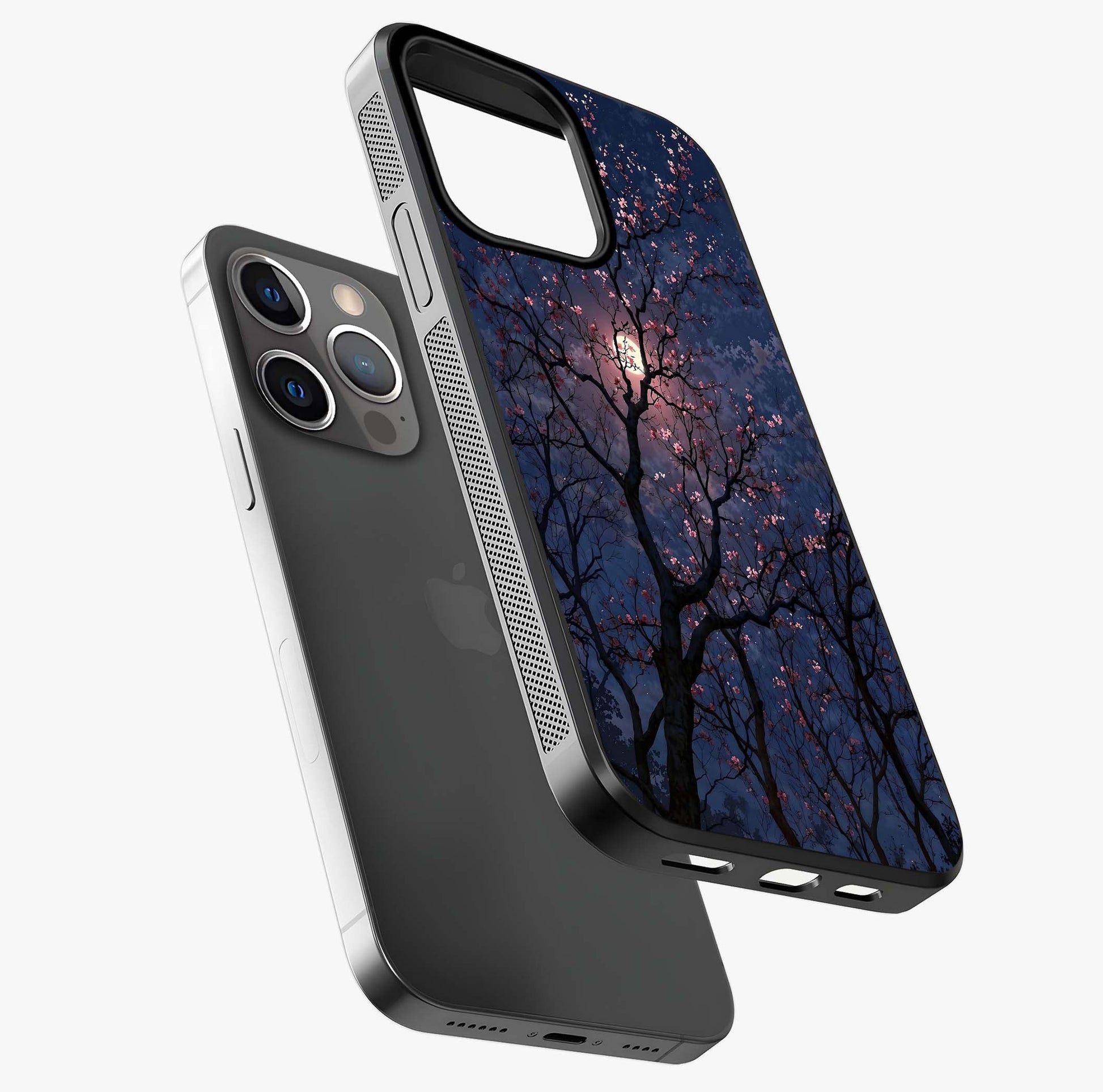 Twilight Sakura Serenade Glass Case laid diagonally highlighting side profile, edges and glossy glass shine.
