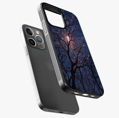 Twilight Sakura Serenade Glass Case laid diagonally highlighting side profile, edges and glossy glass shine.