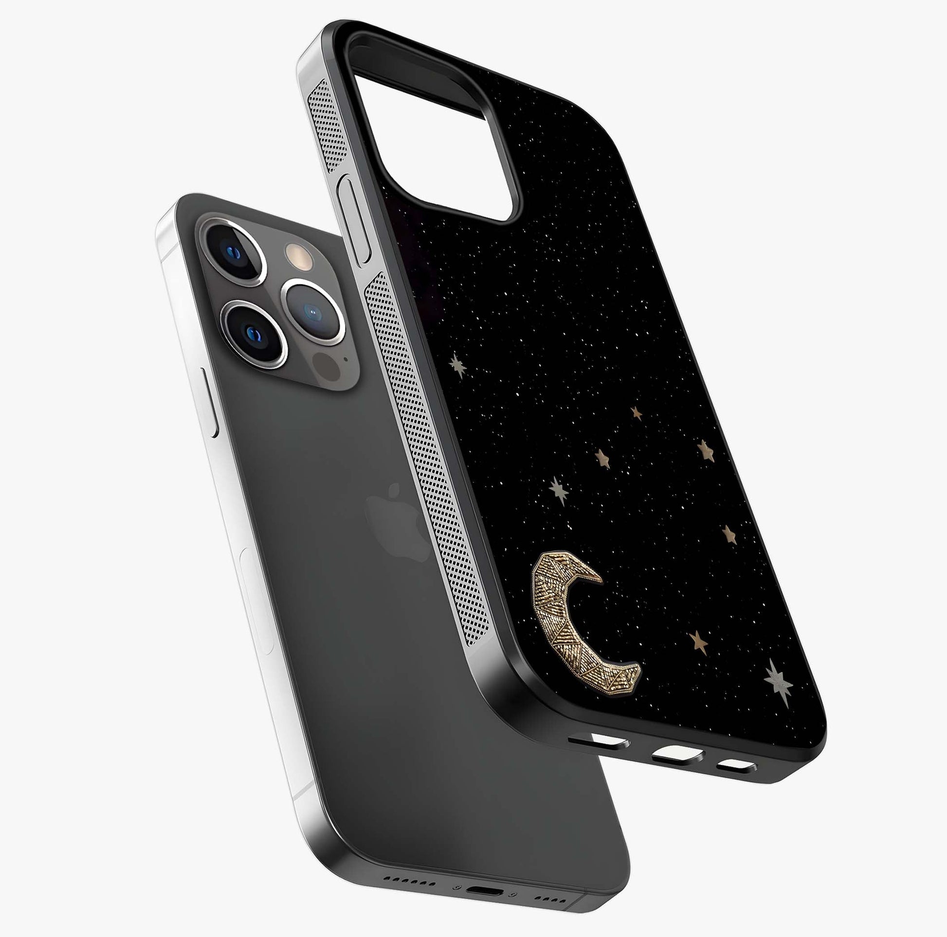 Twinkle Star With Half Moon Glass Case laid diagonally highlighting side profile, edges and glossy glass shine.