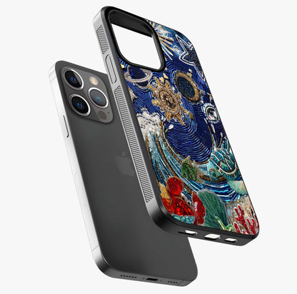 Universe Underwater Spark Glass Case laid diagonally highlighting side profile, edges and glossy glass shine.