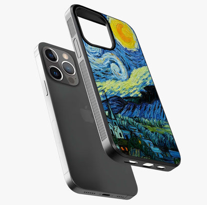 Van Gogh Art Glass Case laid diagonally highlighting side profile, edges and glossy glass shine.