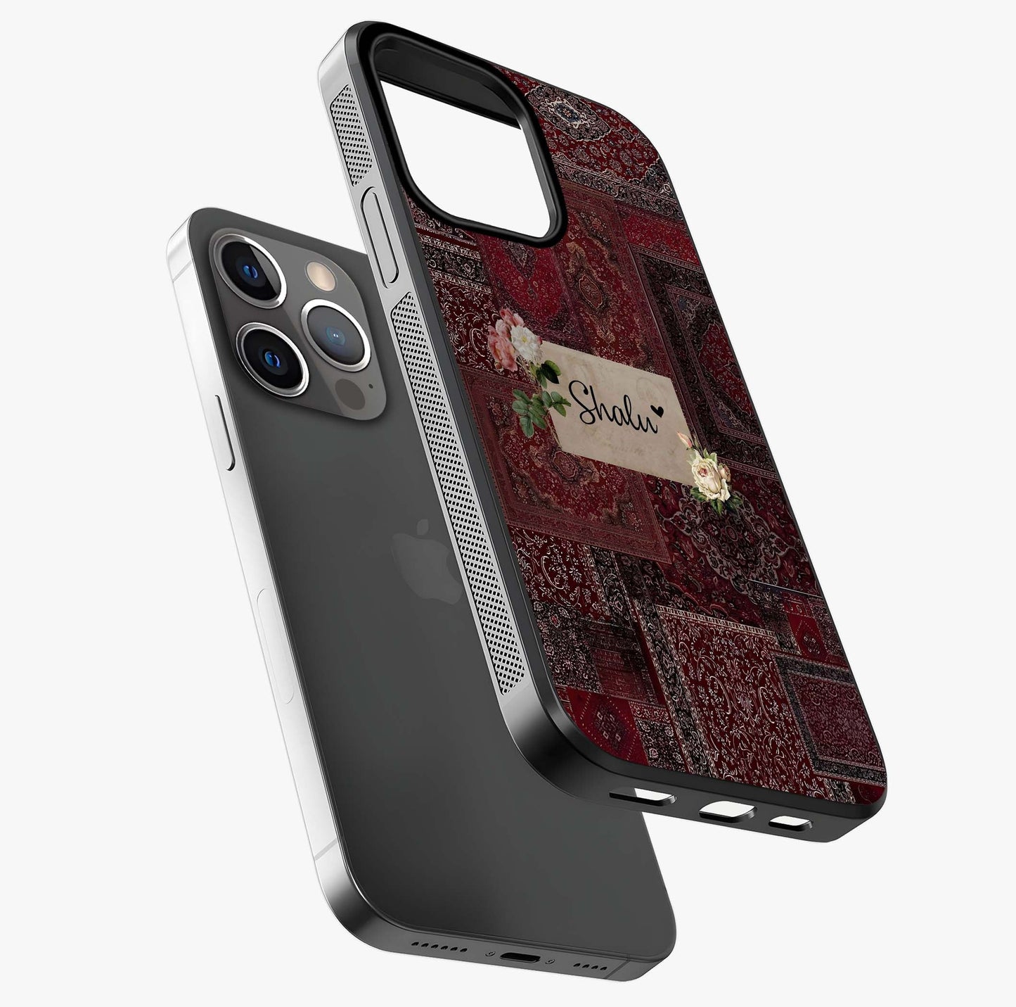 Velvet Wine Pattern Custom Name Glass Case laid diagonally highlighting side profile, edges and glossy glass shine.
