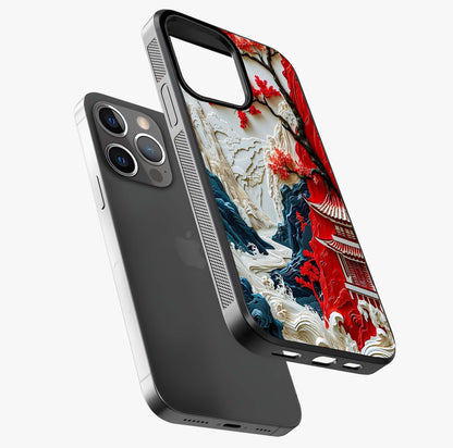 Whispers Of Sakura Waves Glass Case laid diagonally highlighting side profile, edges and glossy glass shine.