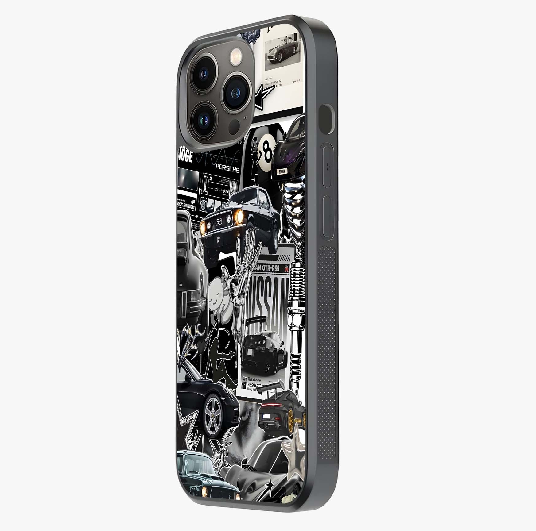 Aesthetic Dark Love Glass Case photographed in natural light showing reflective finish and design depth.