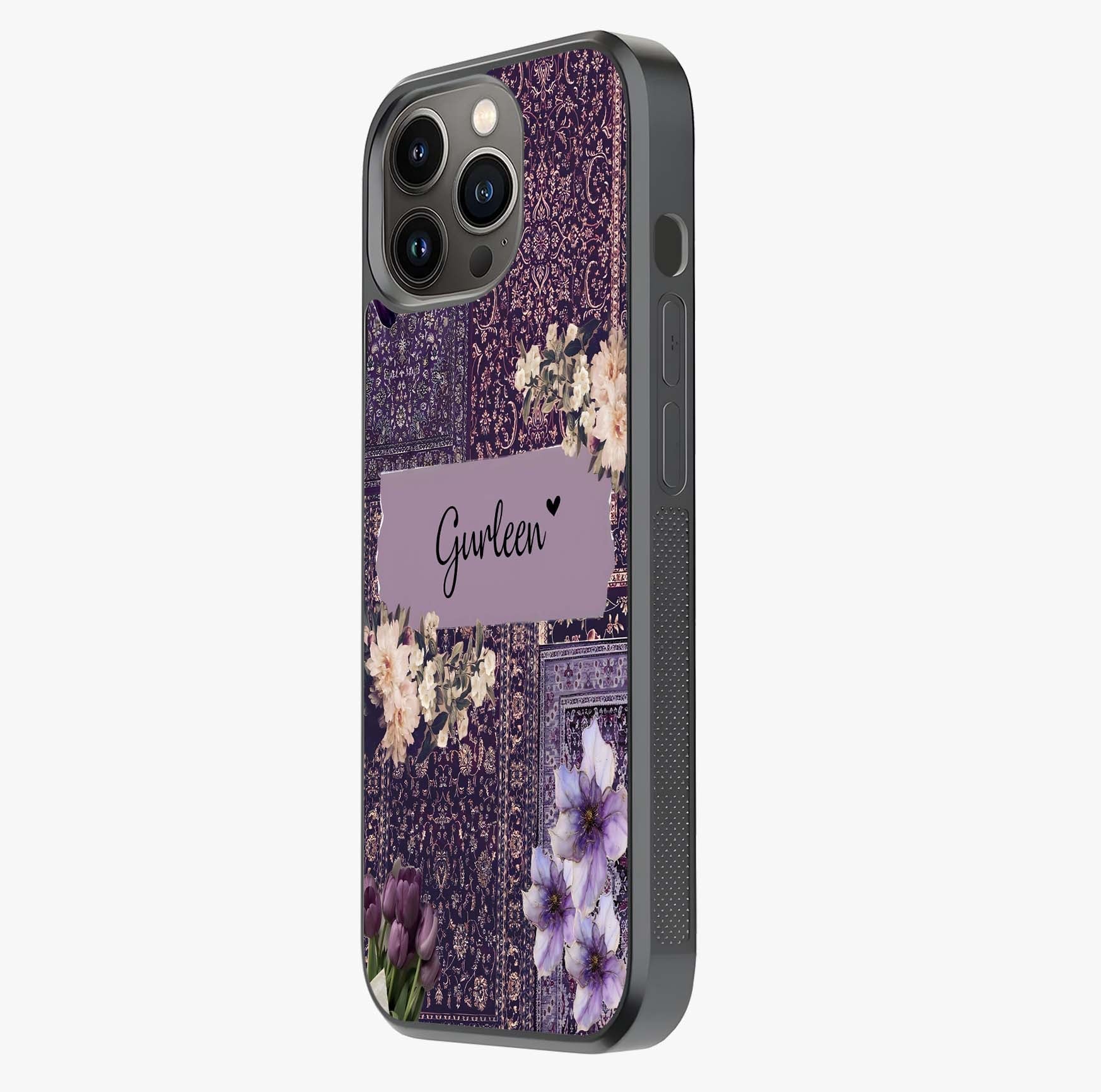 Antique Floral Whisper Custom Name Glass Case photographed in natural light showing reflective finish and design depth.