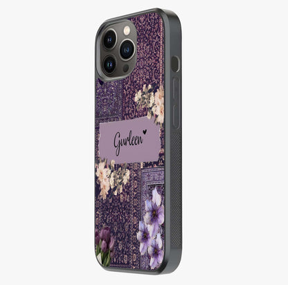 Antique Floral Whisper Custom Name Glass Case photographed in natural light showing reflective finish and design depth.