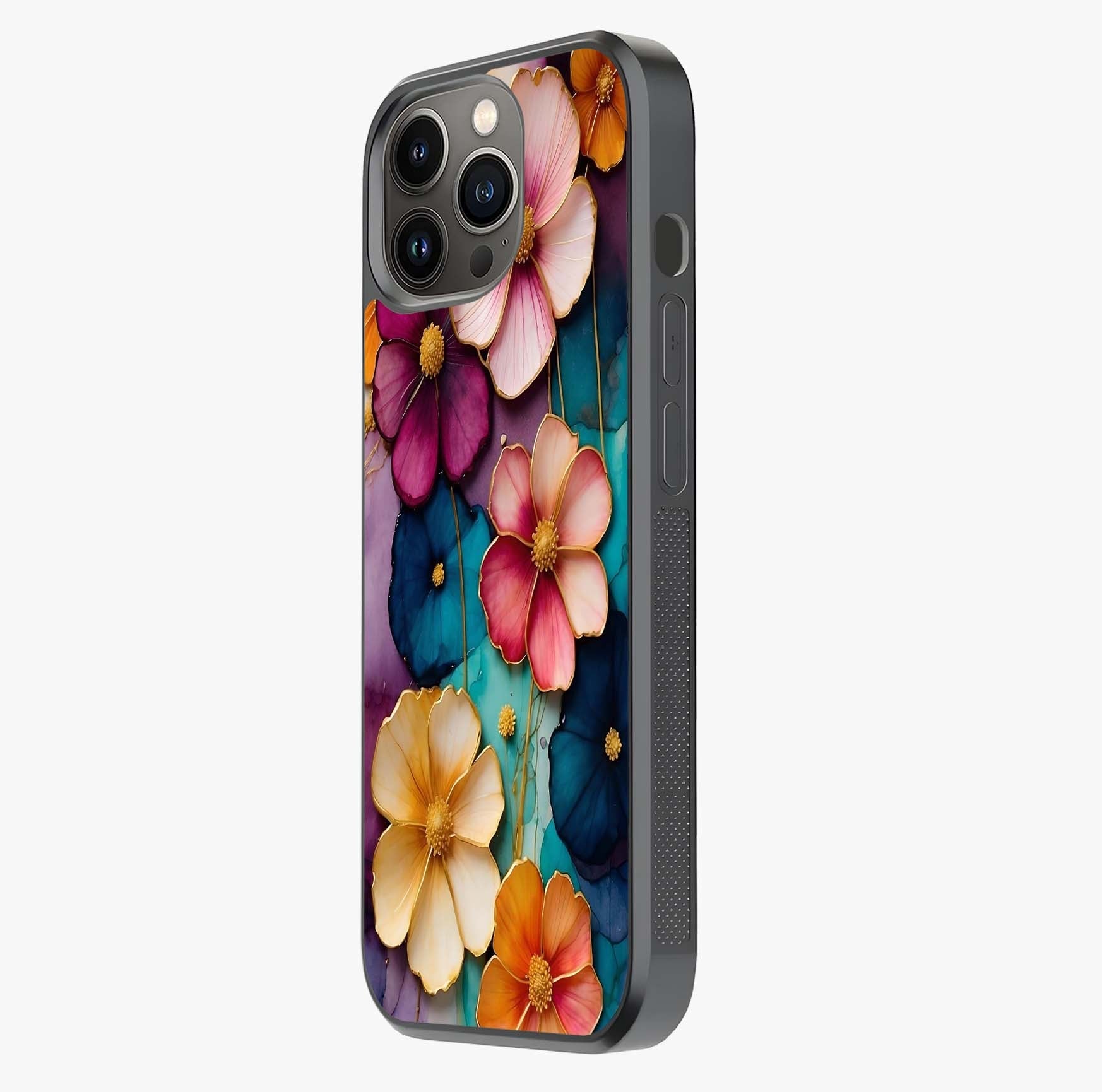 Artlyn Grace Flower Pattern Glass Case photographed in natural light showing reflective finish and design depth.