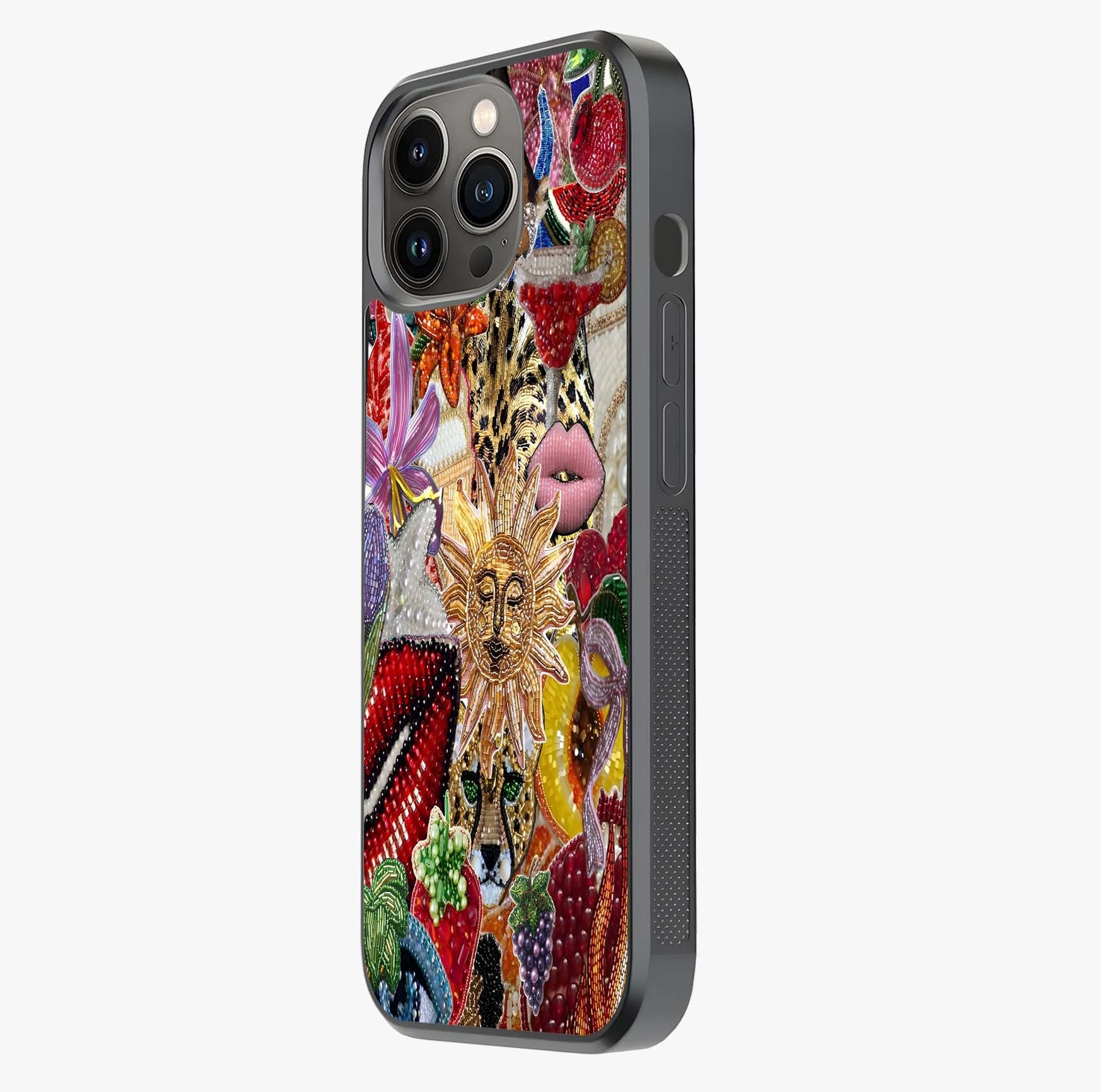 Beaded Fashion Jungle Glass Case photographed in natural light showing reflective finish and design depth.