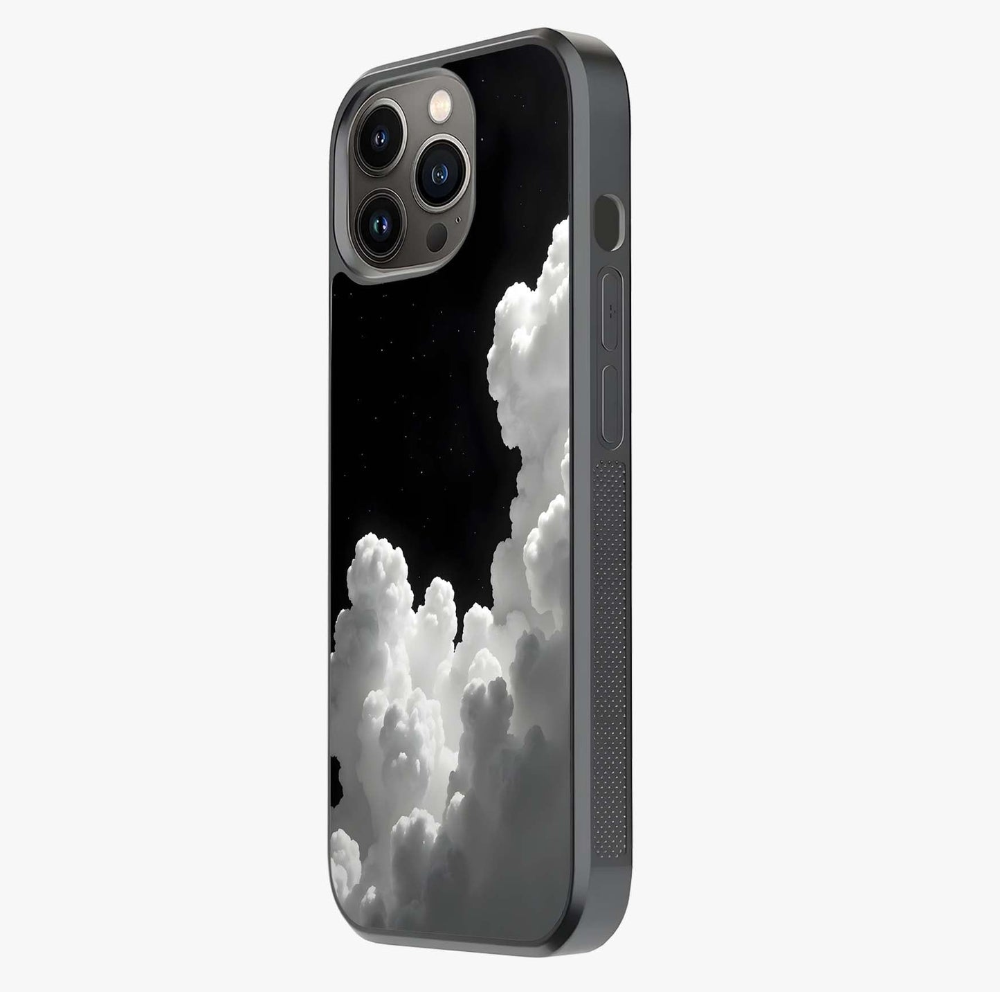 Black Background With White Cloud Glass Case photographed in natural light showing reflective finish and design depth.