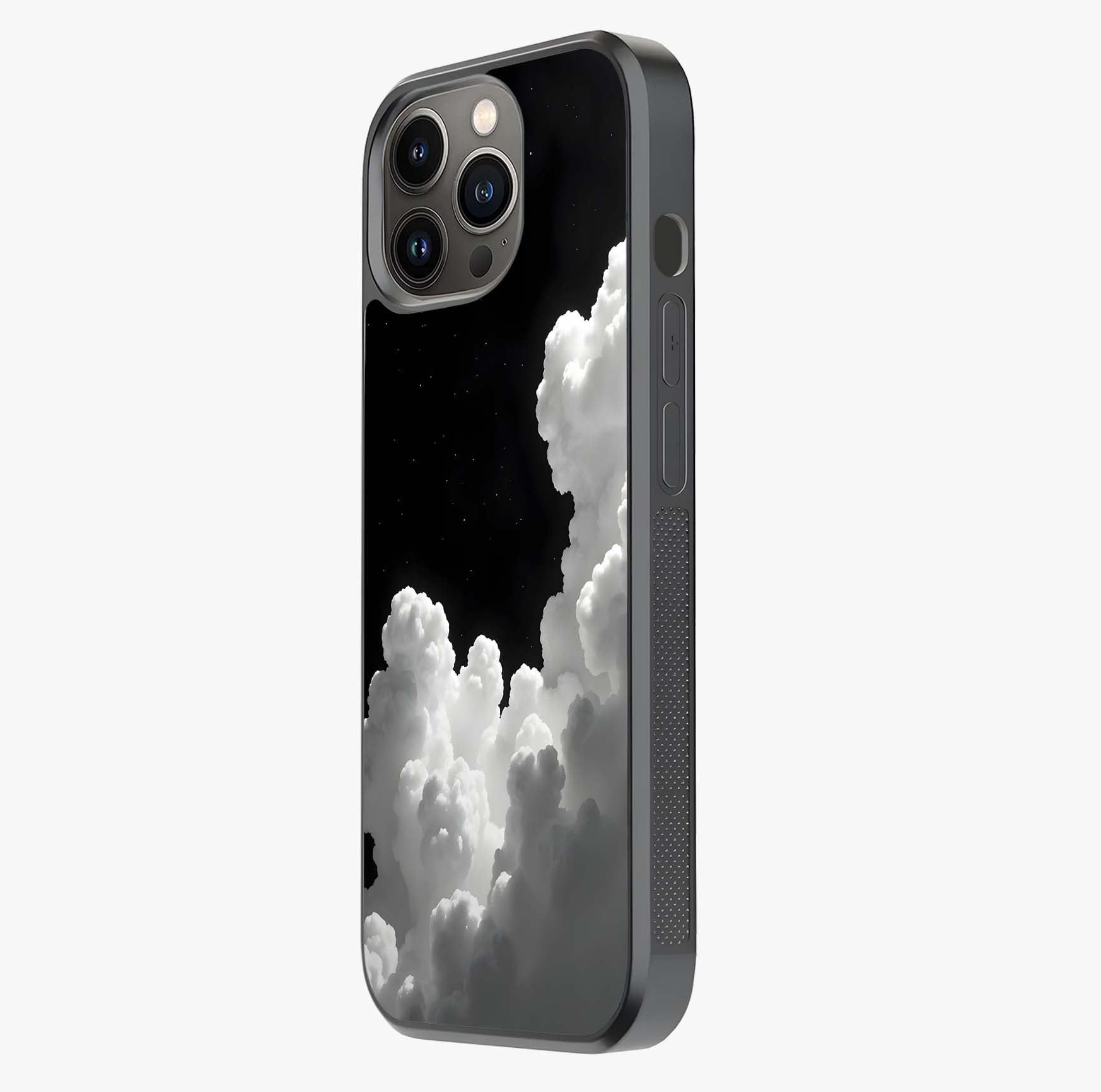 Black Background With White Cloud Glass Case photographed in natural light showing reflective finish and design depth.