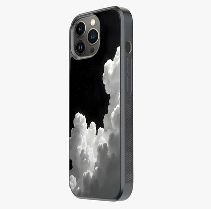 Black Background With White Cloud Glass Case photographed in natural light showing reflective finish and design depth.