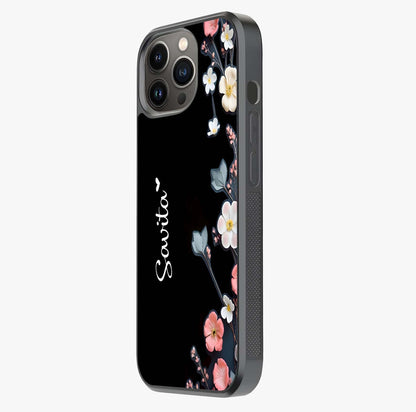 Black Elegance Floral Custom Name Glass Case photographed in natural light showing reflective finish and design depth.
