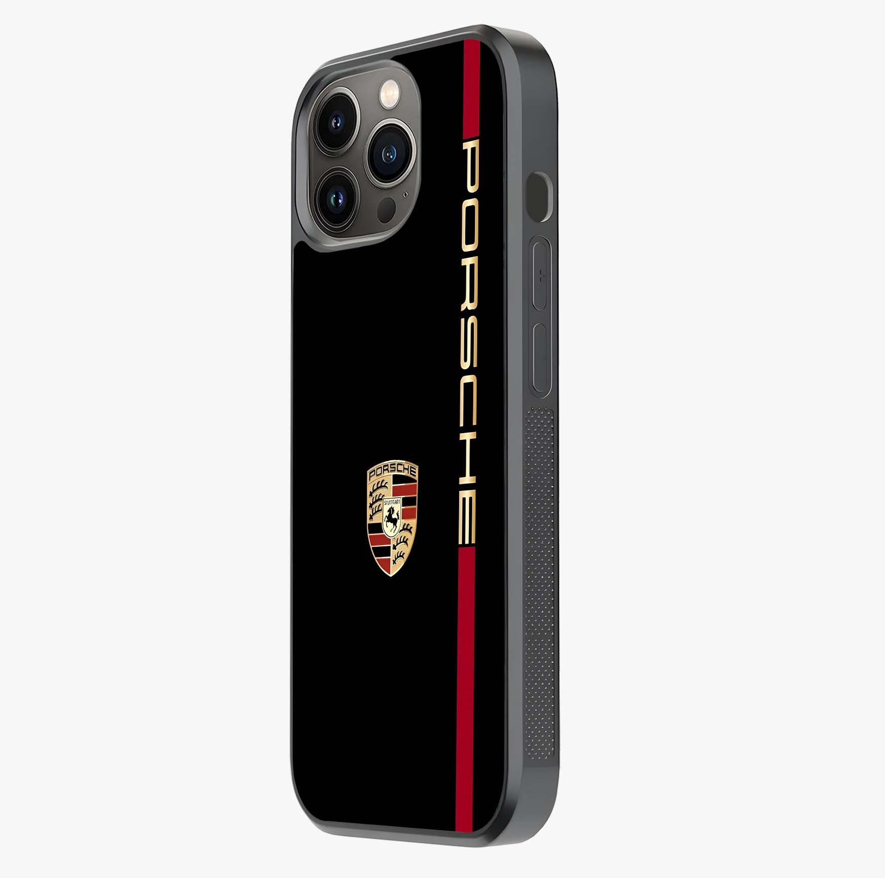 Black Minimal Porsche Glass Case photographed in natural light showing reflective finish and design depth.