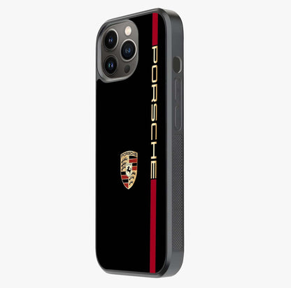 Black Minimal Porsche Glass Case photographed in natural light showing reflective finish and design depth.