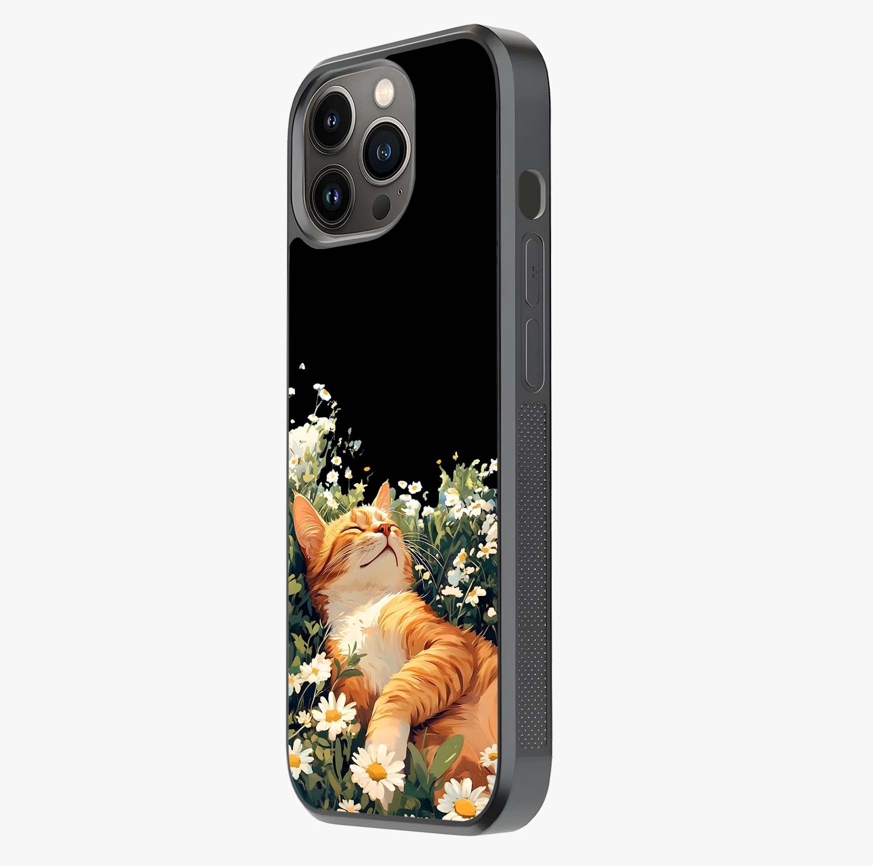 Blissful Bloom Cat Glass Case photographed in natural light showing reflective finish and design depth.