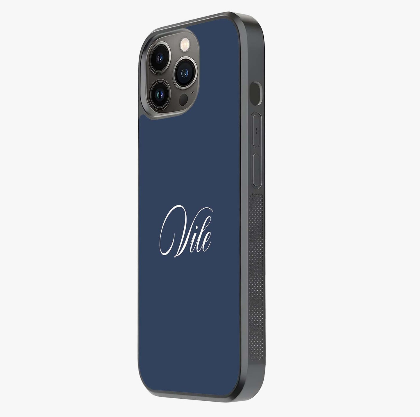 Blue Background Personalized Custom Name Glass Case photographed in natural light showing reflective finish and design depth.