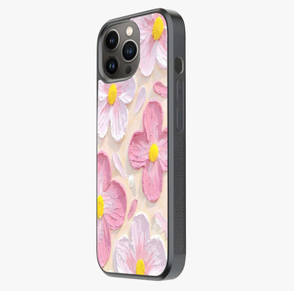Blush Bloom Texture Glass Case photographed in natural light showing reflective finish and design depth.