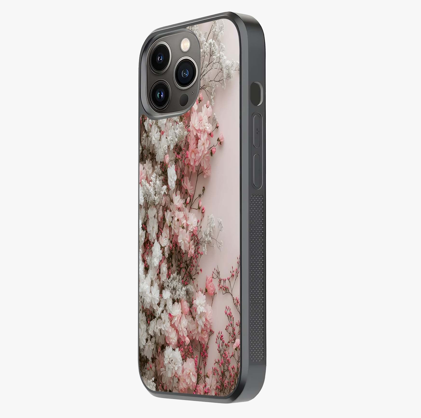 Blush Blossom Cloud Glass Case photographed in natural light showing reflective finish and design depth.