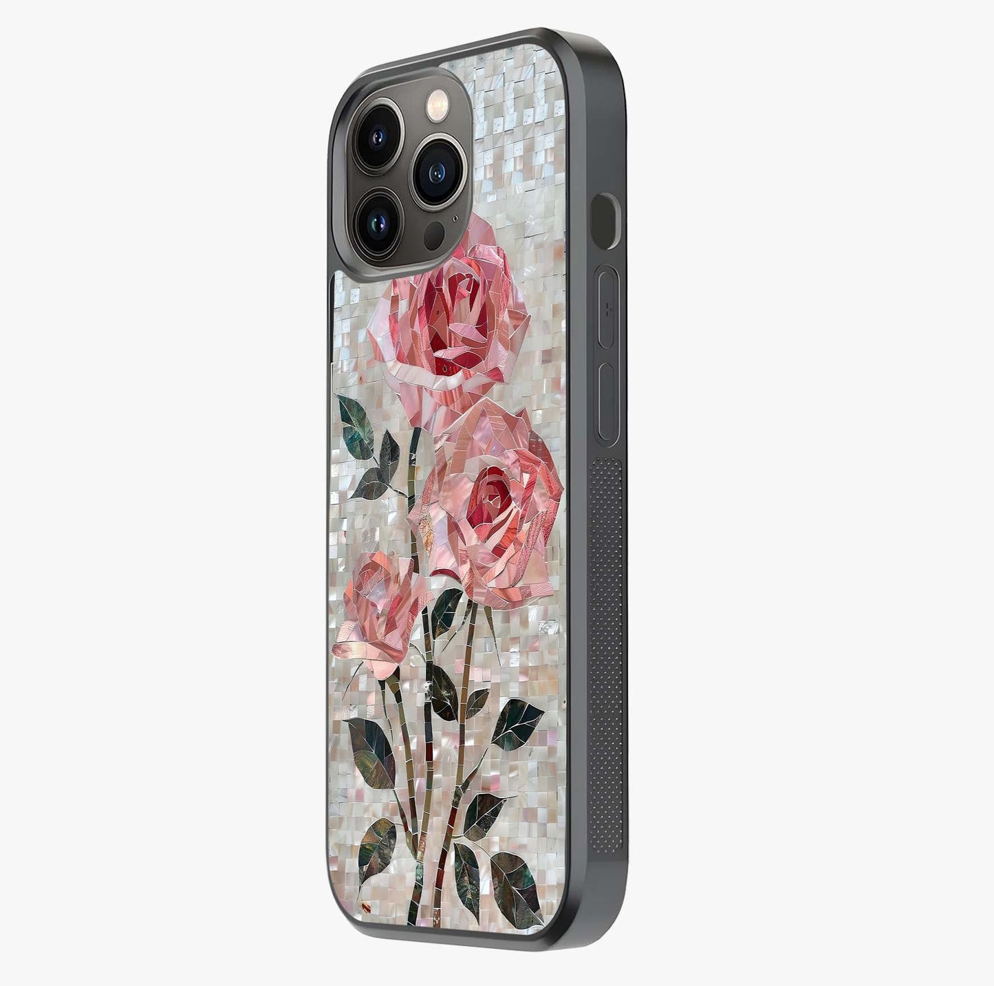 Blush Mosaic Bloom Glass Case photographed in natural light showing reflective finish and design depth.