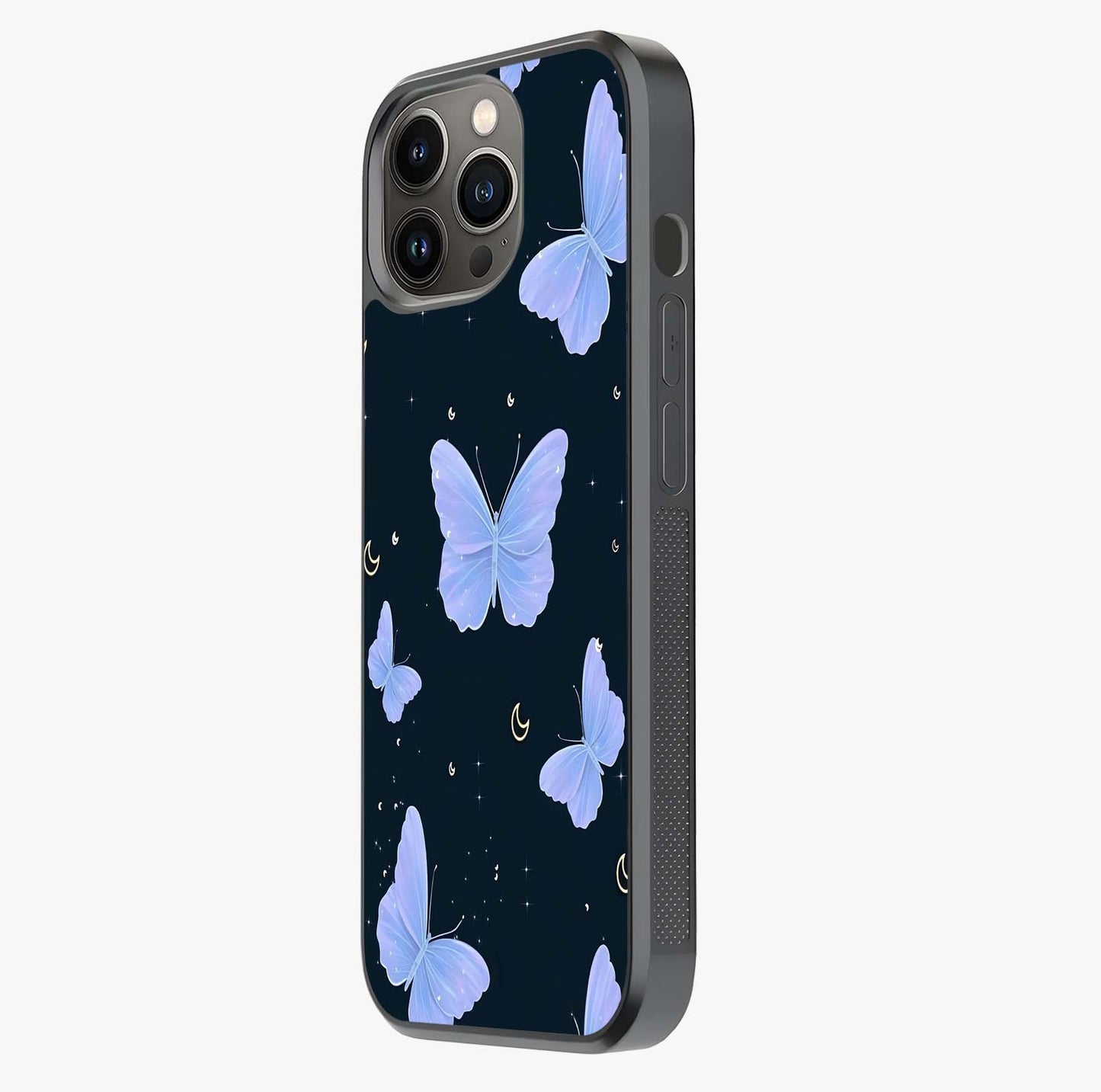 Butterfly With Stars Pattern Glass Case photographed in natural light showing reflective finish and design depth.