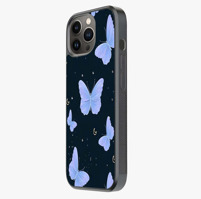Butterfly With Stars Pattern Glass Case photographed in natural light showing reflective finish and design depth.
