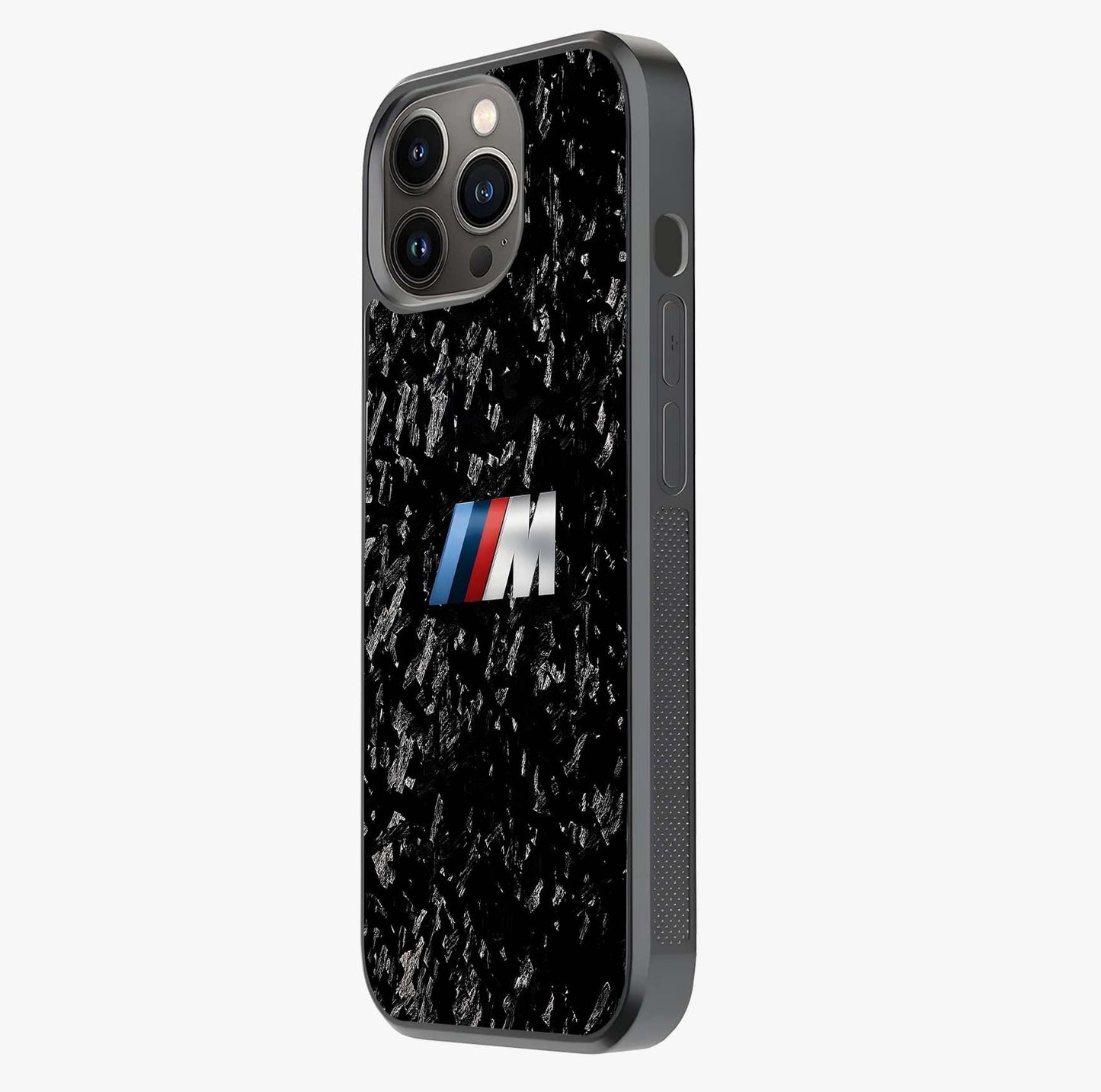 Carbon Speed Mark Glass Case photographed in natural light showing reflective finish and design depth.