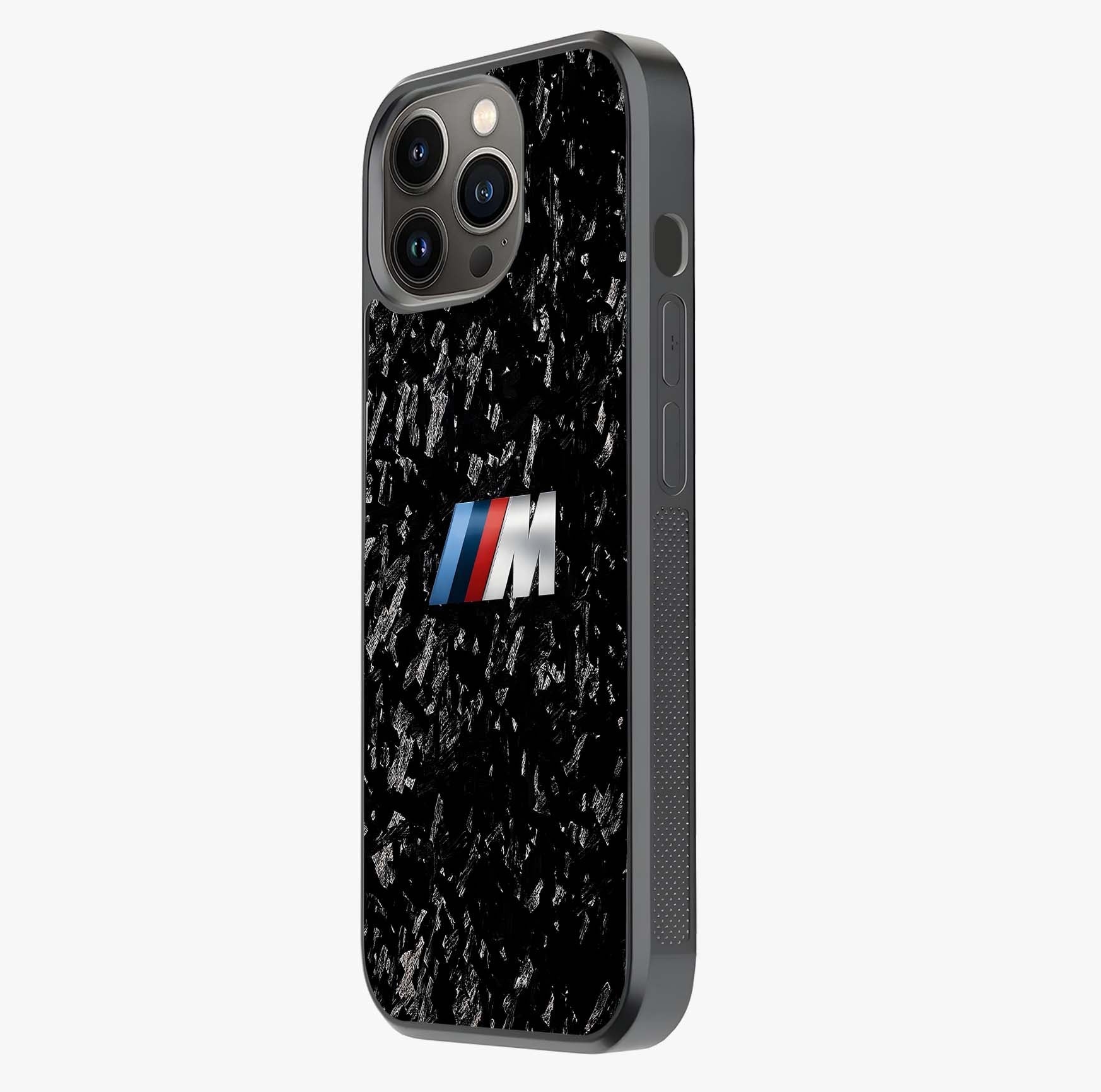 Carbon Speed Mark Glass Case photographed in natural light showing reflective finish and design depth.