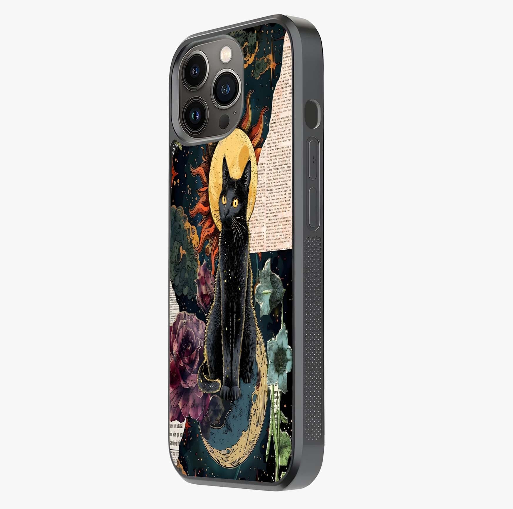 Celestial Black Cat Glass Case photographed in natural light showing reflective finish and design depth.