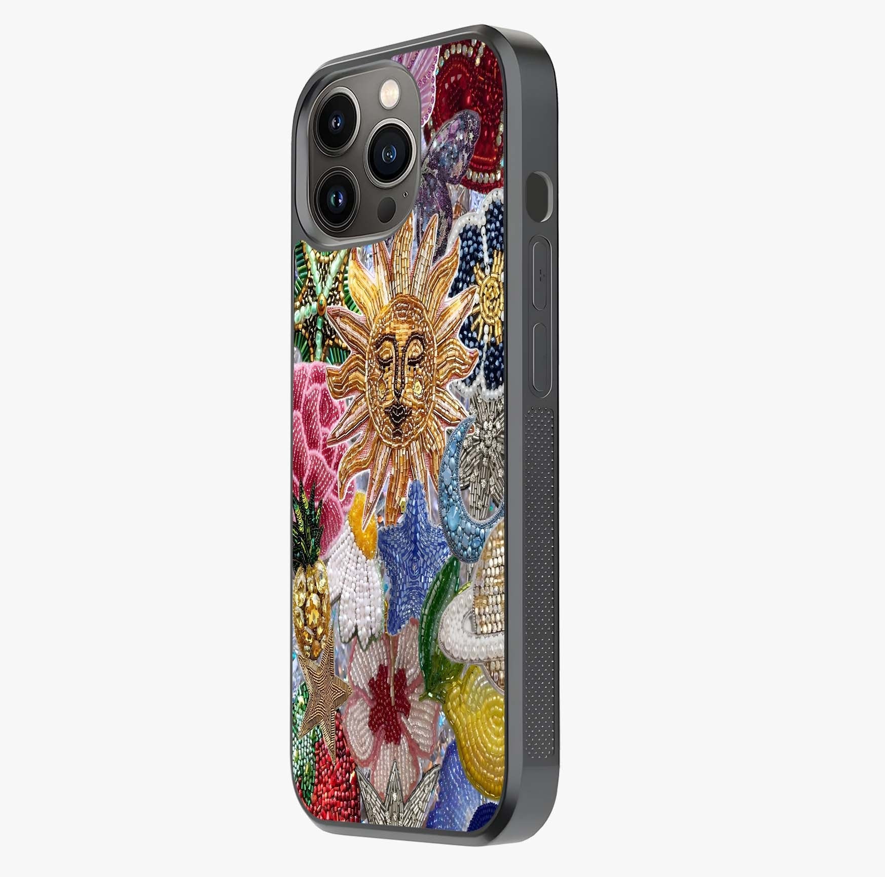 Celestial Floral And Playful Glass Case photographed in natural light showing reflective finish and design depth.