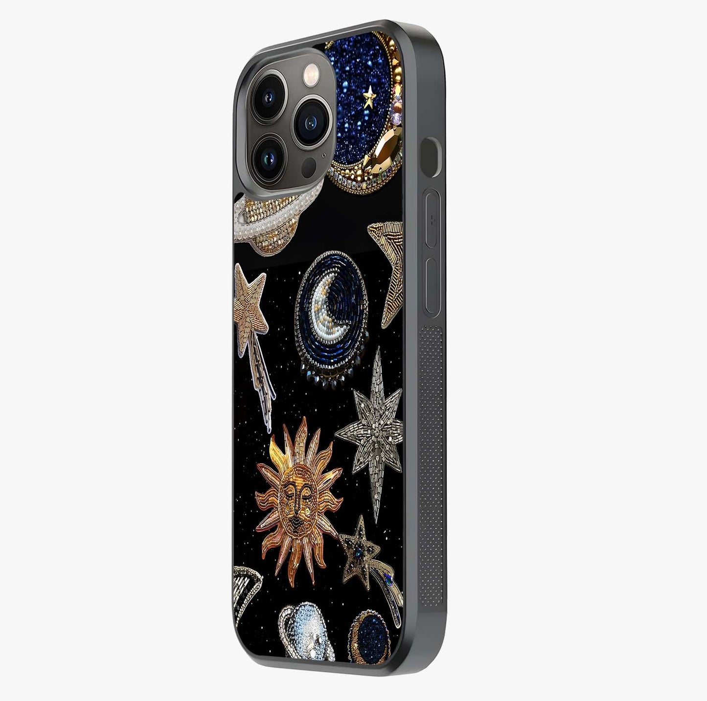 Celestial Gem Constellations Glass Case photographed in natural light showing reflective finish and design depth.