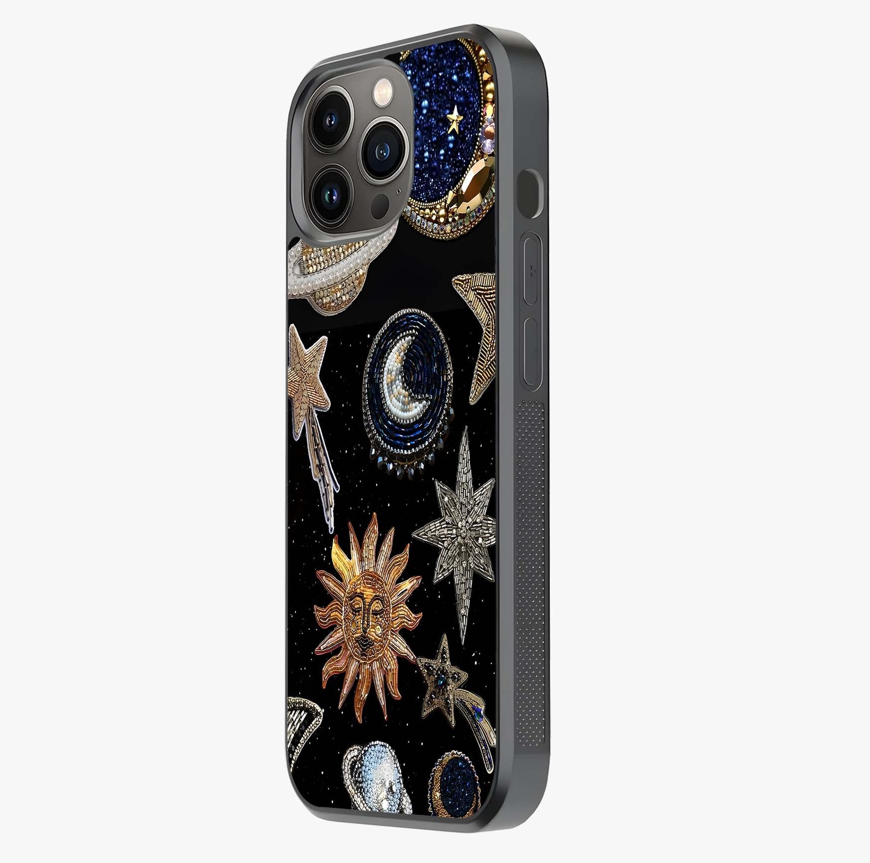 Celestial Gem Constellations Glass Case photographed in natural light showing reflective finish and design depth.