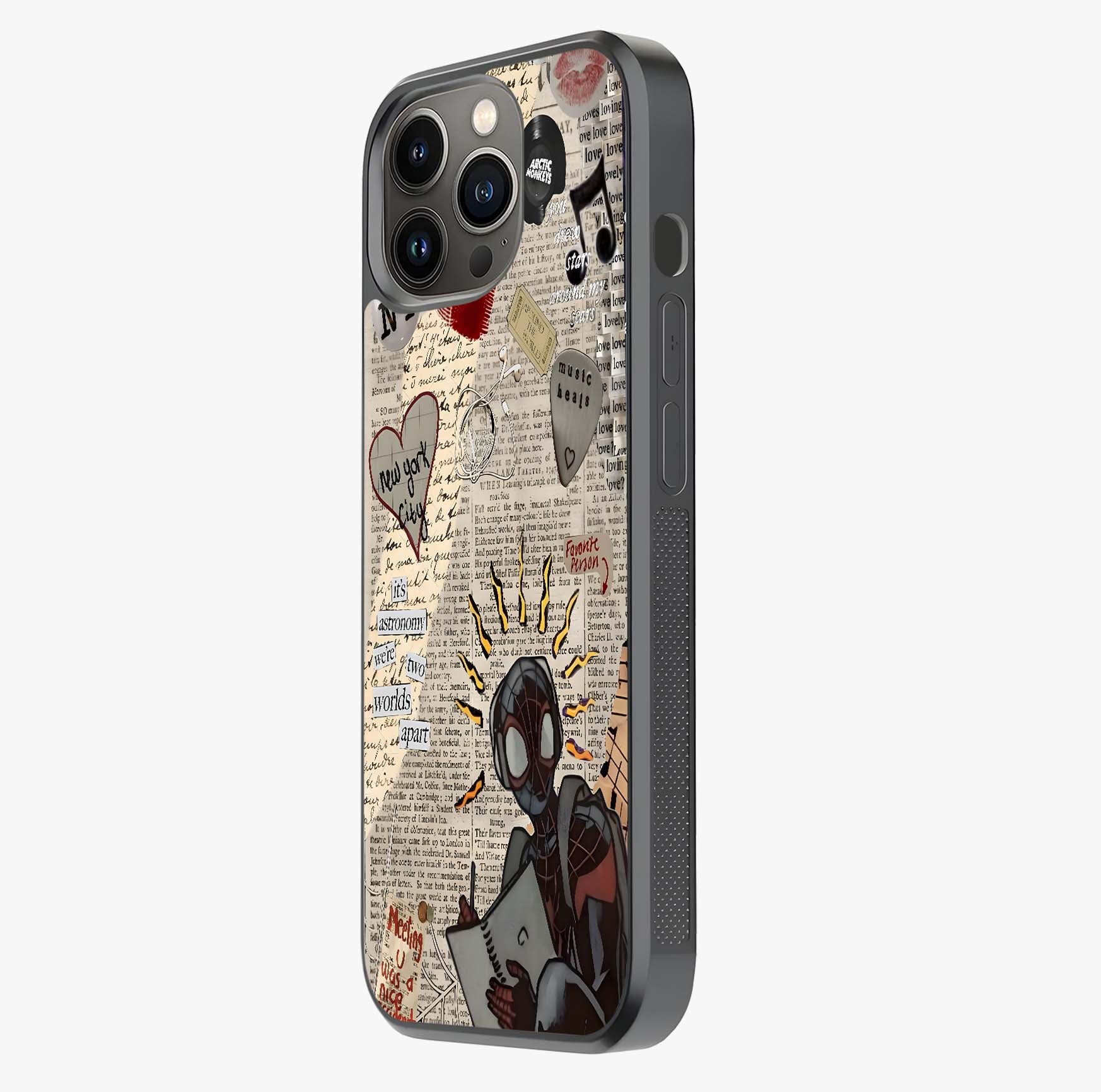 City Dream Sketch Glass Case photographed in natural light showing reflective finish and design depth.
