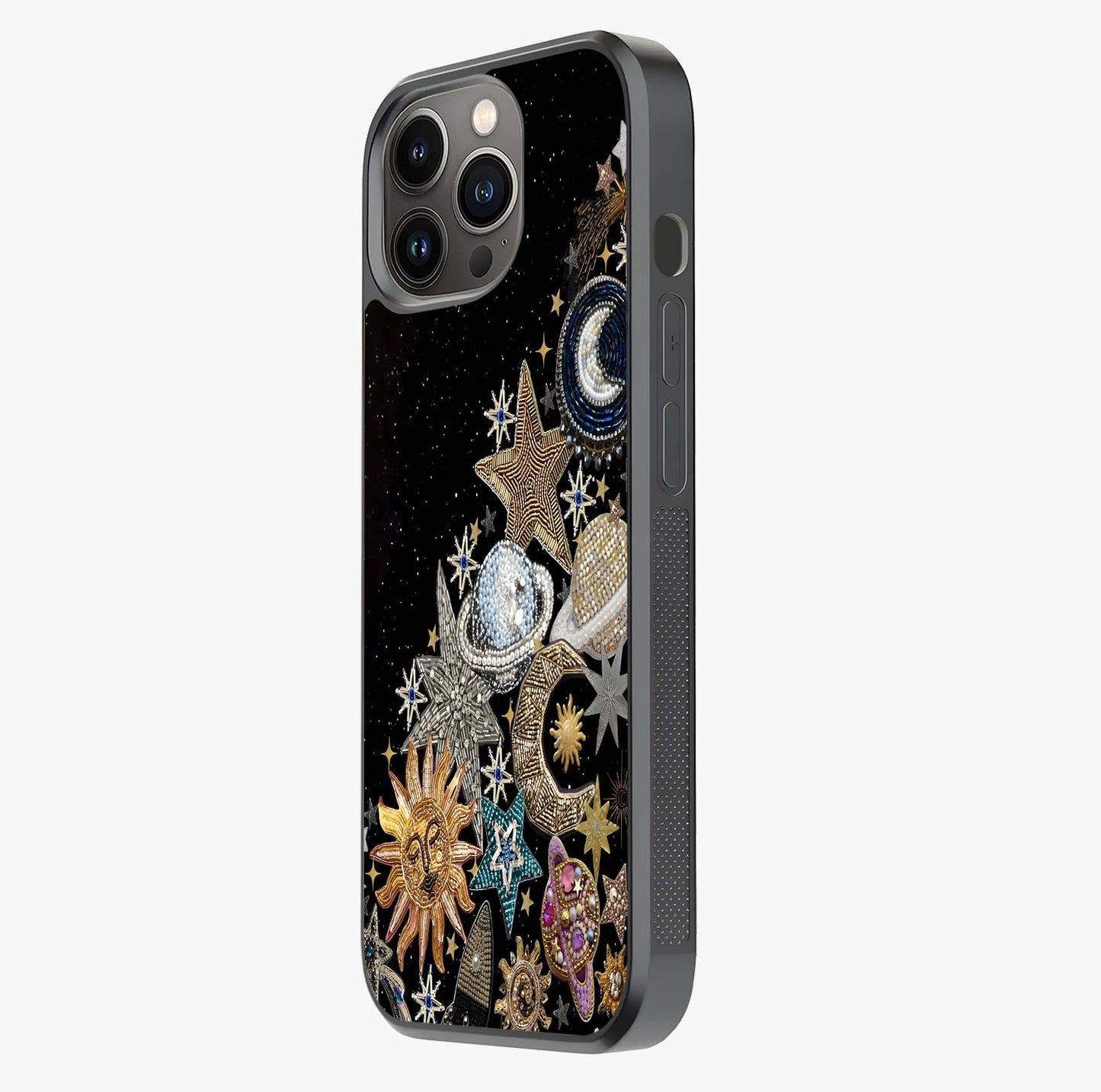 Cosmic Sparkle Dreams Glass Case photographed in natural light showing reflective finish and design depth.