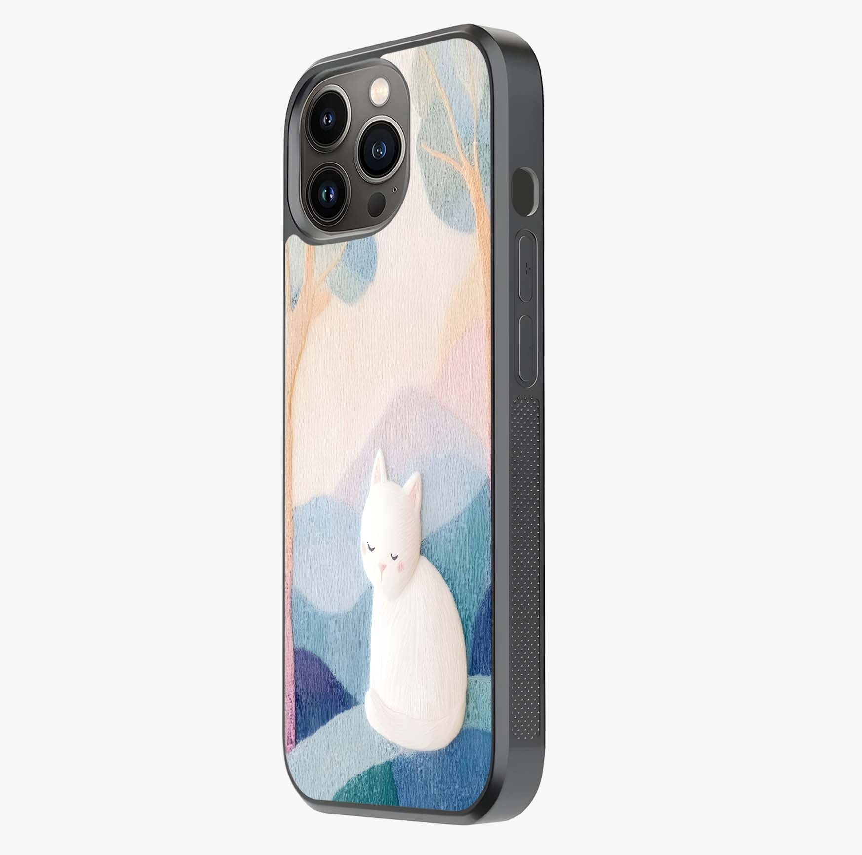 Cotton Dream Cat Glass Case photographed in natural light showing reflective finish and design depth.