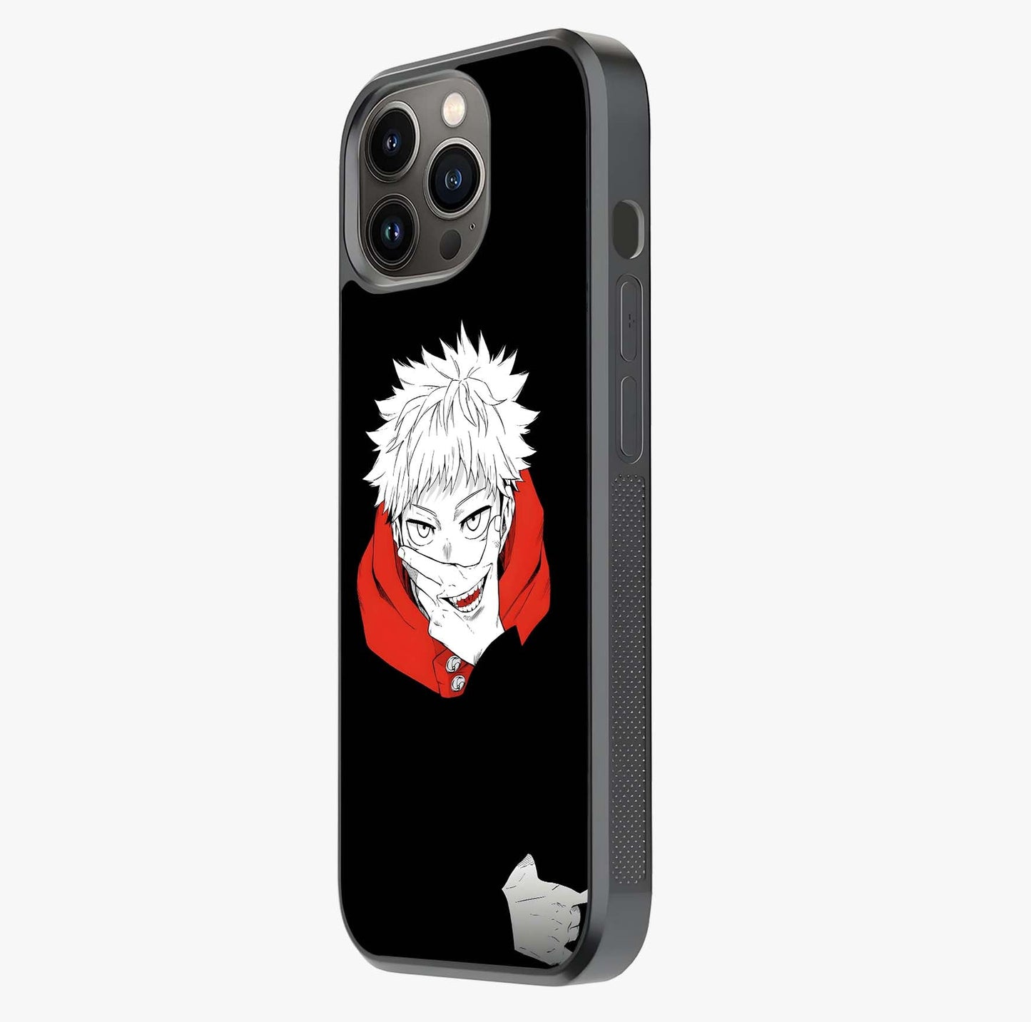 Crimson Chaos Smile Glass Case photographed in natural light showing reflective finish and design depth.